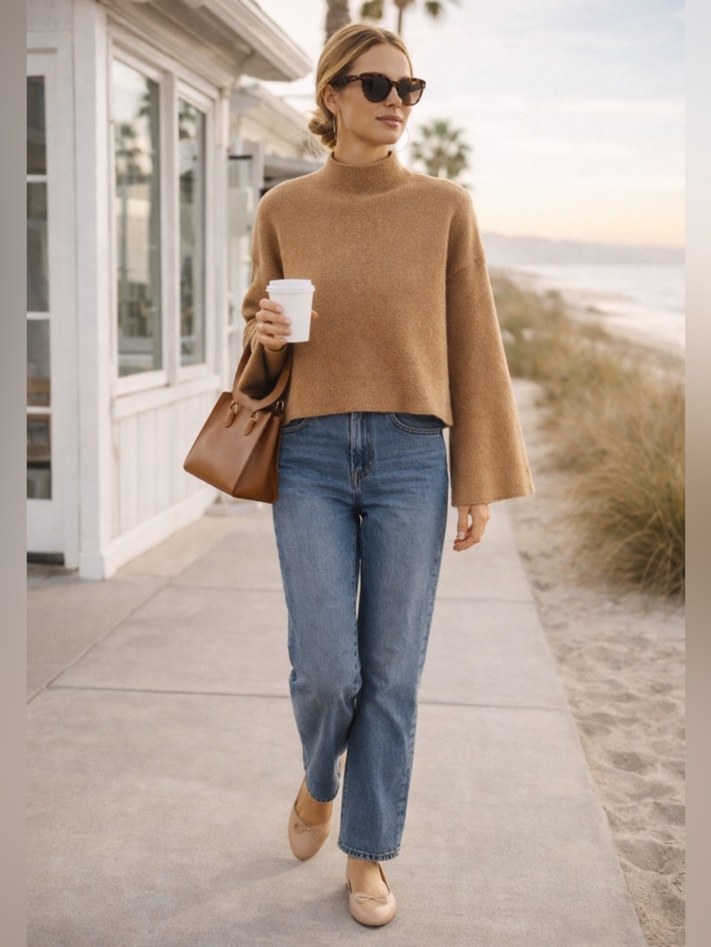 Brown Allan Camel Merino Wool Yak Ribbed Bell Sleeve High Neck Sweater Sz Small